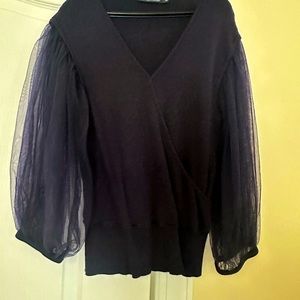 Women’s navy blue blouse, net fabric sleeves V neck